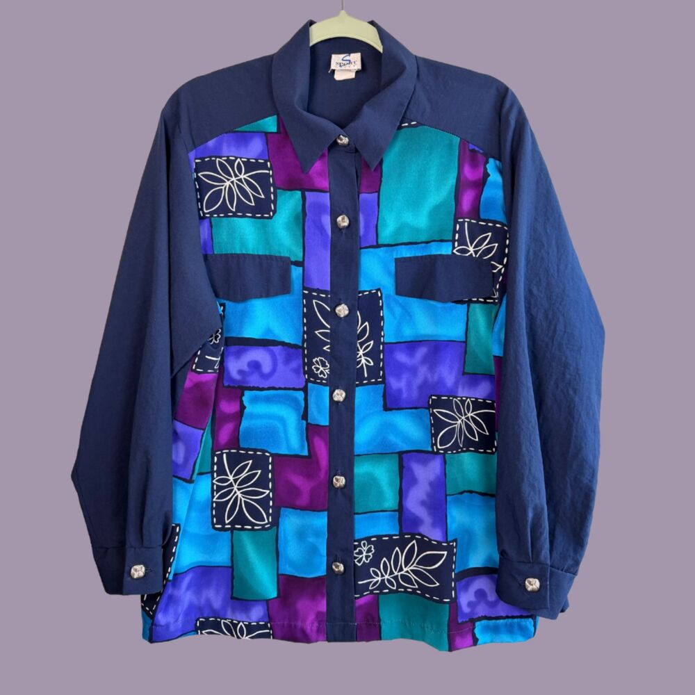Vintage 90s Sport Savvy Abstract Patchwork Button Down Blouse